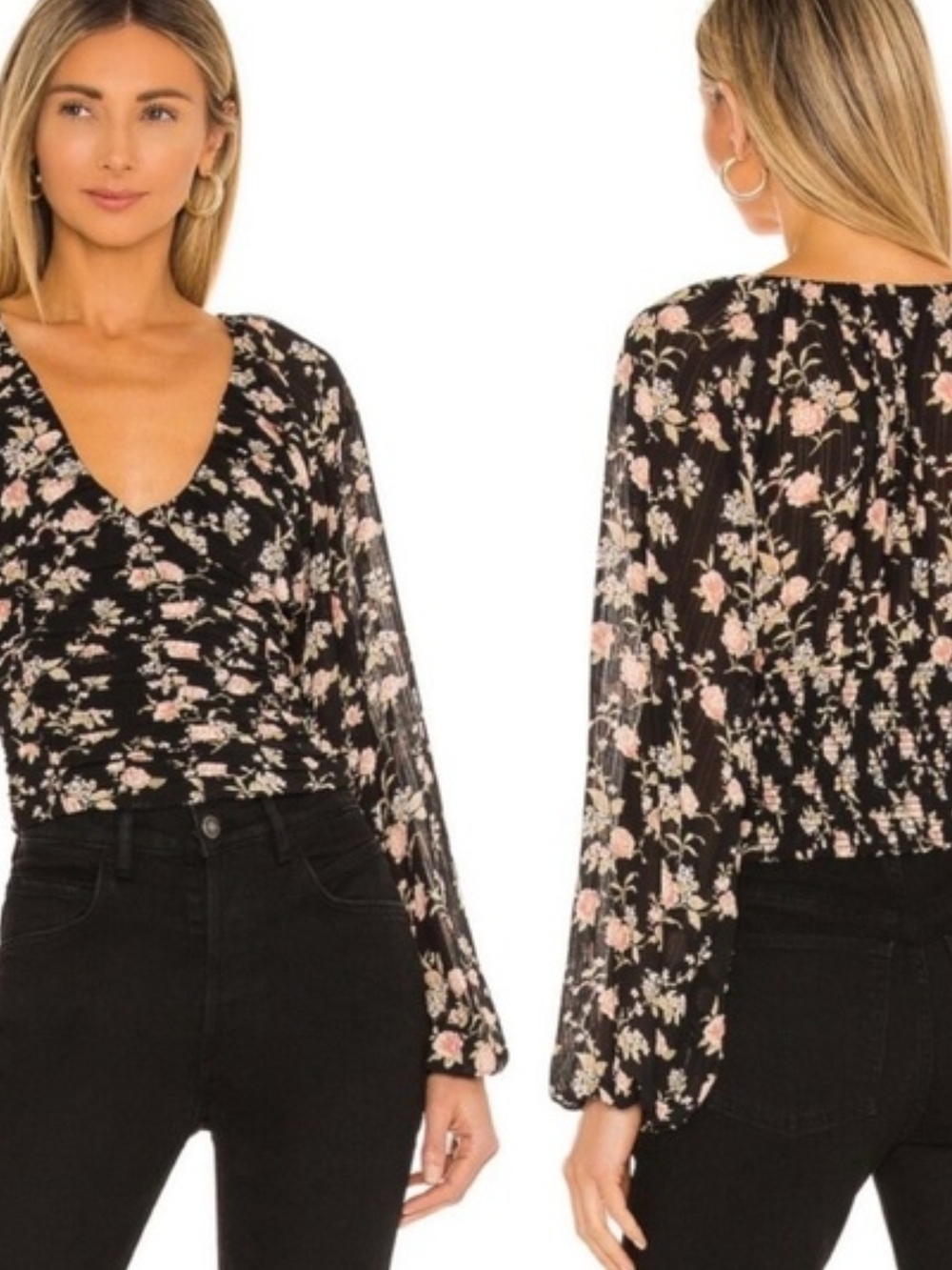 Free People "Final Rose" Floral Ruched Balloon Sleeve Blouse "Black Combo"